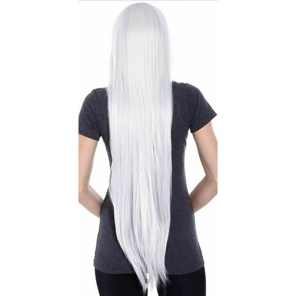 Long Flowing Silver Wig 40" Role Play Dress up Halloween Parties Wig Cap  NEW - Picture 2 of 12